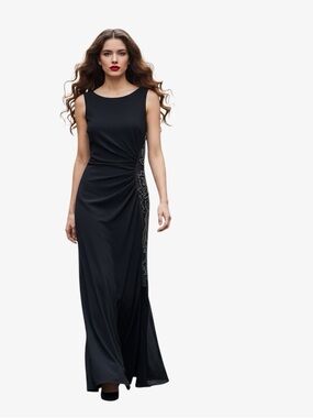 Lyman Frank Lyman Black Ruched Maxi Gown Sequin Lace Sides 10